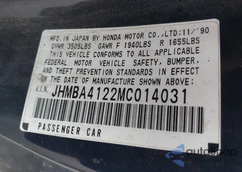 1991 Honda Prelude 2.0Si z USA, uszkodzony, nr VIN JHMBA4122MC014031